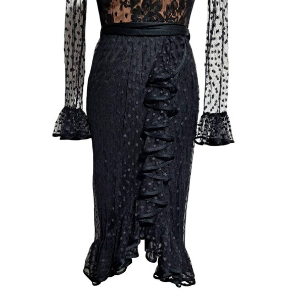 Vintage 70s Jack Bryan Black Gothic Polka Dot Lace Ruffled Midi Dress Sz 4 Emo M - Picture 4 of 12